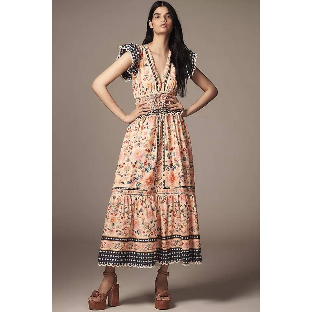 Farm Rio Superbloom Tapestry Cream Dress Floral V Neck Ruffle Sleeve Sz S - Picture 3 of 15